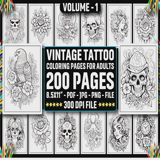 Vintage Tattoo Coloring Pages: 200 Printable Designs (PDF, JPG, PNG) - Etsy Canada