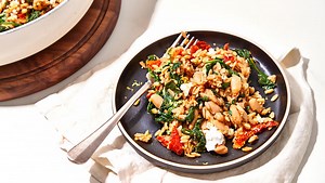 How to Make One-Pan White Bean, Spinach, and Sun-Dried Tomato Orzo with Lemon & Feta