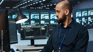 System administrator in server hub coding, ensuring data remains shielded from threats. IT developer safeguarding supercomputers against unauthorized access, securing system from hackers