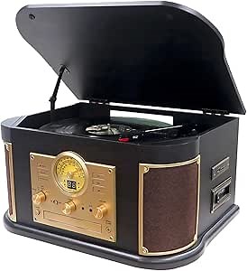 All-in-One Vinyl Record Player with Bluetooth, CD, Cassette Tape, AM/FM Radio, USB/SD Recorder, 3 Speed Vintage Turntable with Built-in Speakers, Aux-in, RCA Line-Out