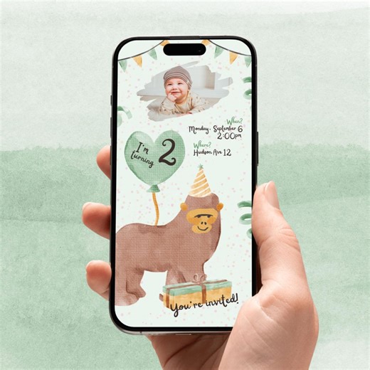 Monkey Birthday Invitation With Photo Editable Digital Invite Template, Kids 1st 2nd Animal Party - Etsy