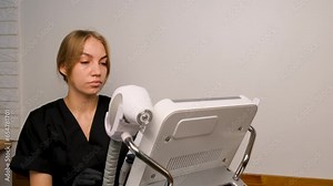 A girl cosmetologist is preparing for a cosmetic procedure. The device for lifting radio frequency radio frequency radio. Hardware cosmetology. Cosmetology and medical services.