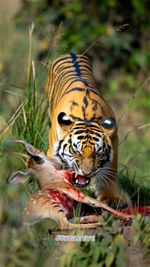 A tiger eating an animal.