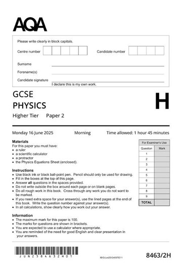 AQA GCSE Triple Science Physics Paper 2 2025