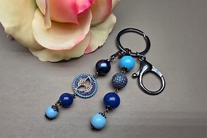 Bag Charm Keychain – Cubic Zirconia Mask Charm, Blue Pearls & Beads, Gunmetal - Etsy