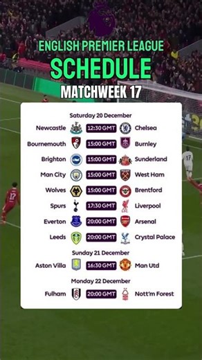 Premier League Schedule Matchweek 17 | Full Fixtures #epl #englishpremierleague #premierleague