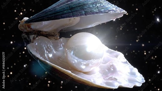 Open shell reveals a lustrous pearl against a starry backdrop, showcasing natural beauty