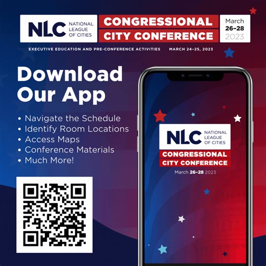 NLC's Congressional City Conference starts this week, and the #CCC23 app is now available! Download to plan your schedule, identify room locations, access conference materials and more! To sign in, enter your email and the password you’ve set when claiming your account. Scan the QR code or click here: http://ow.ly/LfhC50NmVJf | National League of Cities