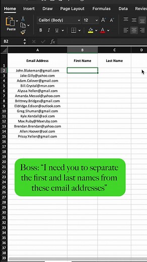 Separate First and Last Names from Email Addresses Using Flash Fill