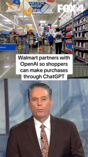 8.6K views · 366 reactions | The AI takeover is hitting the checkout lane! 欄 Walmart just announced a HUGE partnership with OpenAI to let customers shop directly through ChatGPT. Soon, you can simply chat with AI to build your shopping list, checkout instantly, and get everything delivered | FOX 4 News | Facebook