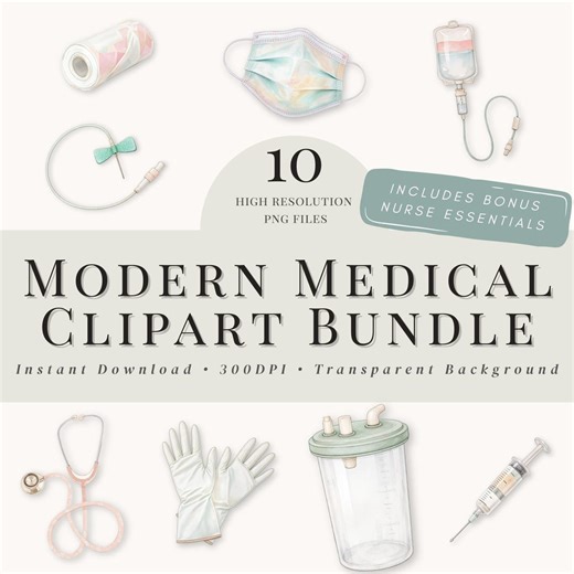 Modern Medical Clipart Bundle, Watercolor Healthcare, Nurse Clipart, Medical Equipment, Hospital Tools, Sublimation, Planner Sticker, Bonus - Etsy