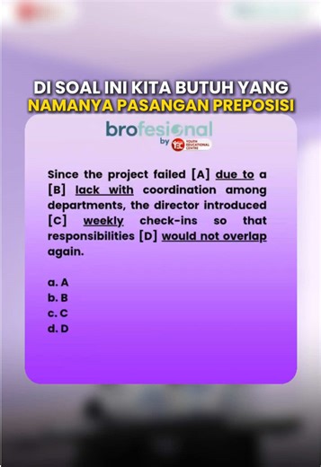Kalimatnya sudah benar… tapi preposisinya belum jodoh! Di TOEFL, salah pasangan preposisi bisa bikin satu soal langsung gugur. Yuk pahami polanya biar nggak kejebak di soal Structure! 📌 Dari yang butuh tes resmi, sampai yang mau latihan dulu dari rumah, semuanya ADA! ✅ TOEFL ITP Official (ETS certified) ✅ EPOT – English Proficiency Online Test (prediksi TOEFL, murah & praktis!) ✅ Kelas Privat & Klasikal – Dengan tentor PROFESIONAL! ✅ Paket E-Learning TOEFL – Belajar fleksibel 24/7! ✅ Paket Try 