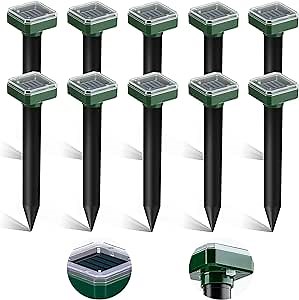Solar Powered Mole Repellent 10 Pack,Chipmunk Repellent Mole Groundhog Gopher Deterrent Outdoor,Sonic Mole Squirrel Chipmunk Deterrent Spikes,Waterproof Mouse Traps for Lawns Garden Farm,Rectangle