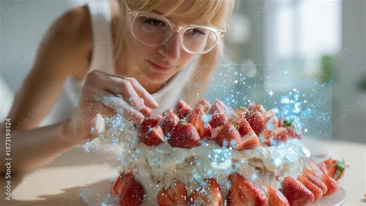 A baker carefully arranges strawberries on a whipped cream cake, enhanced by magical digital effects. This image combines traditional baking with innovative visual technology trends