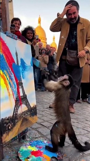 Monkey Steals Paint Brush Creates "Masterpiece" in Paris! 🐒🎨😂 #Shorts #Paris #ViralAnimal