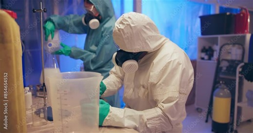 Chemical, engineering and PPE suit for science in laboratory in research, biology and medical for pharmaceuticals. Scientist, evidence and experiment for pathology, test in investigation or forensic