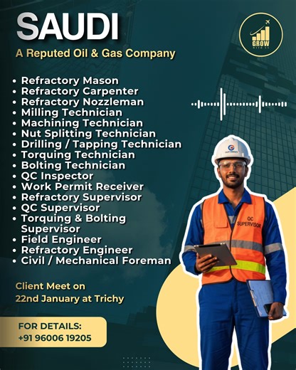 Grow_Gulf_Job_Services on Instagram: "A Reputed Oil & Gas Company – Saudi The following positions are required: • Refractory Mason • Refractory Carpenter • Refractory Nozzleman • Milling Technician • Machining Technician • Nut Splitting Technician • Drilling / Tapping Technician • Torquing Technician • Bolting Technician • QC Inspector • Work Permit Receiver • Refractory Supervisor • QC Supervisor • Torquing & Bolting Supervisor • Field Engineer • Refractory Engineer • Civil / Mechanical Foreman