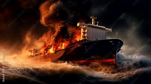 Burning cargo ship scene, 4k animated virtual repeating seamless