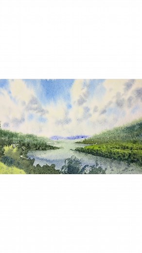 Watch this peaceful landscape come to life! 🌿 Painting a lake surrounded by hills and greenery is a perfect way to relax. I love how the water and colors blend to create this serene scene. What's a landscape you dream of painting? Let me know below! 👇 Want to paint this with me? The full step-by-step tutorial with my voiceover and explanations is on my Patreon. Link in bio! #watercolor #painting #LandscapePainting #artreels | Watercolor.Tips