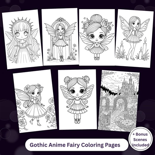 Gothic Anime Fairy Coloring Pages, Printable Dark Doll Art, Thin Bold Line Set - Etsy