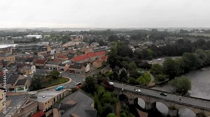 Aerial footage the the UK town of Wetherby located within the City of Leeds metropolitan borough, in West Yorkshire, England, close to the county’s border with North Yorkshire showing houses
