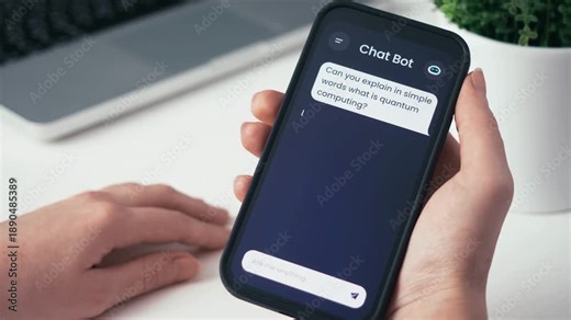 Smartphone user asking question to AI chatbot app, artificial intelligence explaining quantum computing on mobile screen