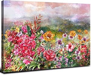 Flower Landscape Painting Wall Art, Colorful Floral Canvas Prints Picture Wall Decor, Watercolor Pink Rose Blossom Botanical Modern Artwork for Living Room Bedroom Bathroom Home Decoration 16x24"