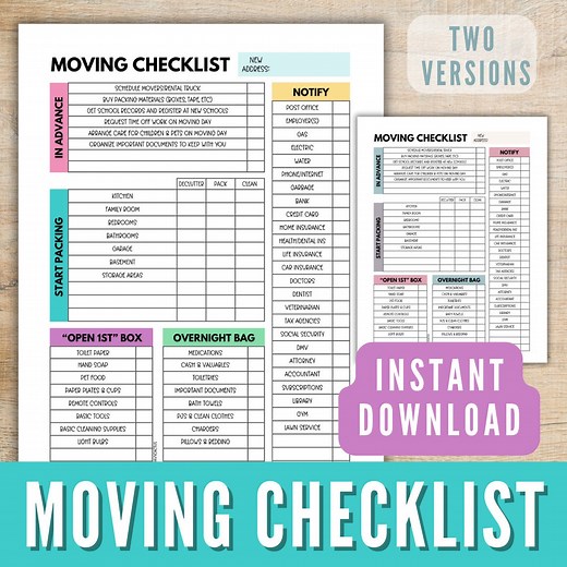 Moving Checklist Printable, Colorful Moving Planner, Relocation Checklist, Moving Binder, Moving To-do List, Real Estate Moving Flyer Pdf - Etsy