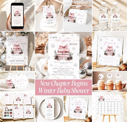 A New Chapter Begins Baby Shower Invitation Pink Bow Winter Baby Shower Silver Snowflakes Christmas Holiday Baby Shower Template NCP - Etsy