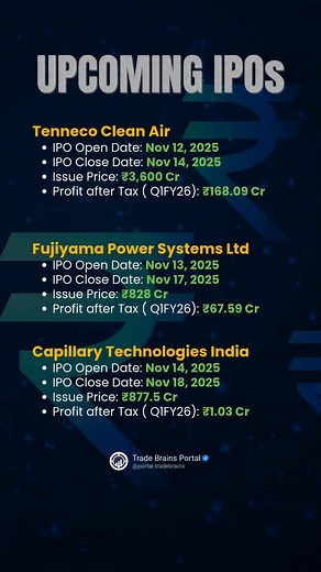 🚨 Alert : Upcoming IPOs 📊 Tenneco Clean Air IPO , Fujiyama Power Systems IPO , Capillary Technologies India Ltd IPO Follow @portal.tradebrains Follow @portal.tradebrains #viral #upcomingipo #ipo #iponews #ipoalert #ipolisting #ipoallotment #sharemarketnews #sharemarketupdate #profitaftertax #pat #issueprice #iposize #shares | Trade Brains Portal
