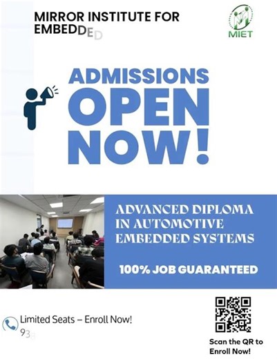 Admissions Open Embedded Systems Course with 100% Job Guaranteed. Enroll now 9380948474/ 9381948474