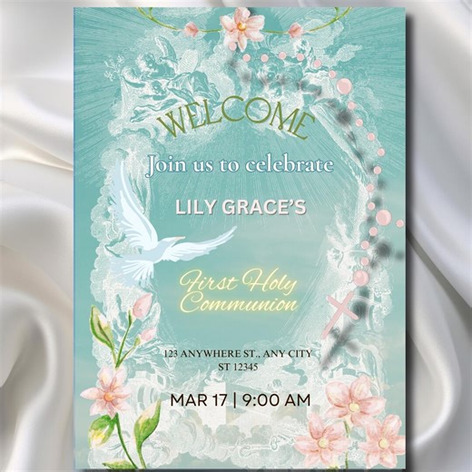 First Holy Communion Invitation Template for Girl, Floral Dove Communion Invite Editable Printable, Catholic Party Invitation Canva Download - Etsy