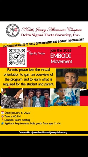 The EMBODI program provides support and resources to inspire and empower young males, ages 11-17, to overcome life's challenges and obstacles, and achieve their greatest success. The 2026 EMBODI activities include sessions detailing and demonstrating DJing, Gaming and Photography. Parents and young males can learn about the program requirements during the online orientation: DATE: January 8, 2026 TIME: 6 p.m. PLACE: Zoom TO REGISTER: * Scan the QR code on the flyer * Click the link in bio above 