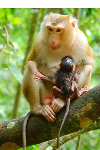 Mother Rhesus Macaque Rescues Baby Monkey from Fall