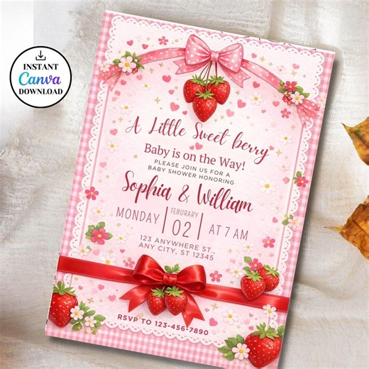 Strawberry Baby Shower Invitation,editable Berry Sweet Invitation,pink Baby Shower Invite,printable Berry Sweet Baby Shower Canva Template - Etsy