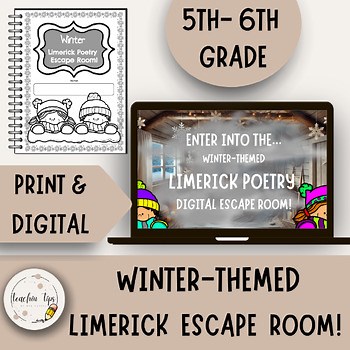 Winter Limerick Poetry Escape Room for 5th & 6th Grade  | Print & Digital