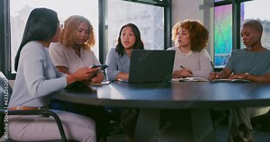 Laptop, research or startup programmer women team for writing idea, app coding or data analysis in office. Hacker, developer or business meeting on tech for software, programming or analytics review.