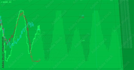 Blue then red traces moving from left across green stepped chart, showing data on transparent bg