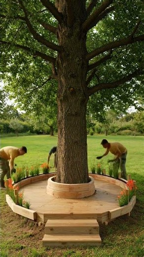 Building a circular deck around a tree #construction #timelapse #woodworking #outdoordesign #shorts