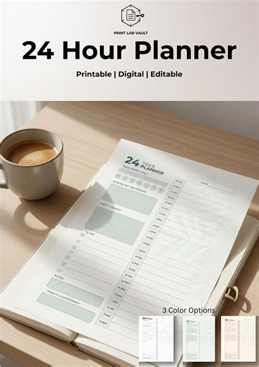 24 Hour Planner Printable, Daily Hourly Planner PDF, Digital Planner Template, Editable Canva Planner, Minimalist Time Blocking Schedule - Etsy