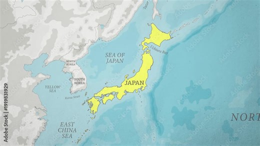 Basemap with a Zoom of the Japan Highlighted in Yellow. Generic World Map Animation