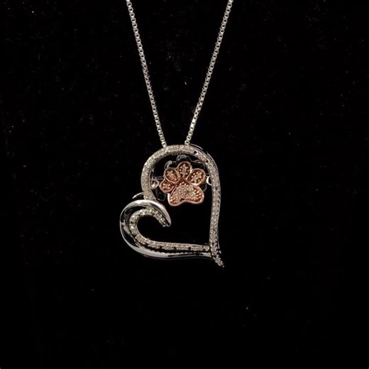 14K Rose Gold Plated Sterling Silver 1/10 Cttw Diamond Paw & Heart Pendant Necklace