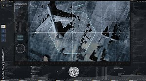 Spy Tracking Target Boeing Plane Location In Intelligence Software Interface. Spy Target Tracking By Satellite Network Surveillance System. High Tech Spy Tracking Military Air Base Target Location