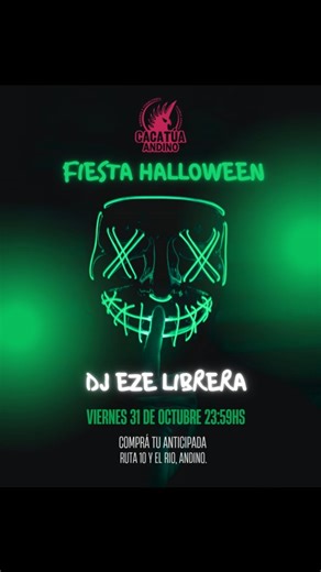 ¡FIESTA HALLOWEEN EN CACATÚA ANDINO: NOCHE DE TERROR Y MÚSICA! 💥 ¡Prepárate para la noche más terrorífica y divertida del año! 👻 Te esperamos este viernes 31 de octubre a partir de las 23:59 hs para disfrutar de una noche increíble con la mejor música. 🎉 Lo que te espera: DJ Eze Librera y música en vivo toda la noche para que no pares de bailar. ¡Ven disfrazado o normal! La consigna es divertirse. Estacionamiento gratuito dentro del predio. 🎟️ Información Importante: Anticipadas a solo $5000