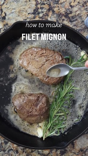 Cast Iron Filet Mignon 🥘🥩 . Full recipe details on my website ➡️ search feeding your fam filet mignon . Enjoy! -Sarah 🤗 . #castiron #dinnerideas #easyrecipes . Ingredients 2 filet mignons 8 ounces each, 1-1.5 inches thick 1 teaspoon kosher or sea salt ½ teaspoon coarse ground black pepper 1 tablespoon avocado oil 3 tablespoons unsalted butter 2 sprigs rosemary 2 sprigs thyme 2 garlic cloves Instructions Preheat oven to 400℉. Remove steaks from the refrigerator 30 minutes before cooking. Seaso