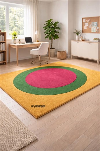 Modern Geometric Circle Rug: Yellow, Green, Pink Plush Carpet (8x10 Ft) - Etsy