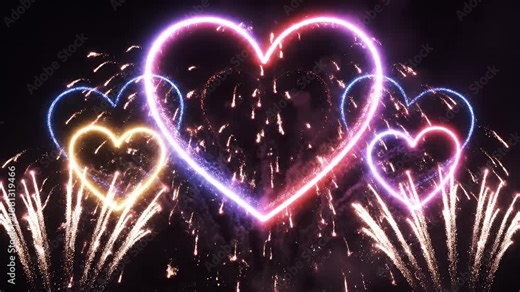 Heart Shaped Fireworks - A nighttime shot of fireworks exploding into heart shapes in the sky. The hearts glow with bright neon outlines in pink, blue, and gold.