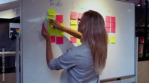 Project management agile methodology, concept. A young blonde woman in glasses, gluing colored sticky notes on a magnetic Board.