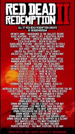 All RDR2 cheat codes