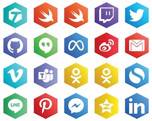 Download 25 Editable White Icons such as video. mail. facebook and email icons. Hexagon Flat Color Backgrounds